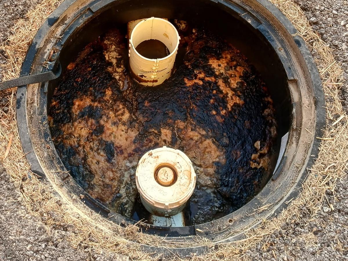Residential septic tank before pumping — scum layer built up across the tank around the inlet and outlet tees, Bradenton FL