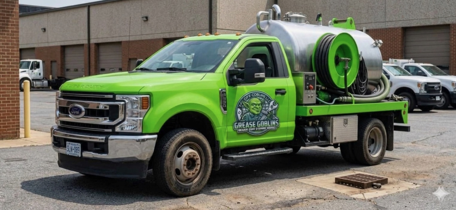 Grease Goblins lime green vacuum truck with a stainless tank and hose reel