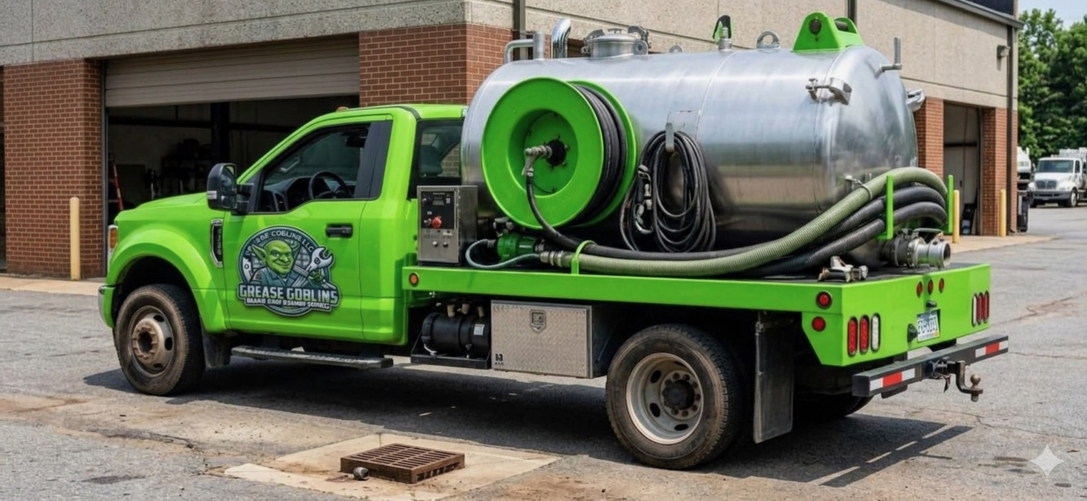 Rear view of the Grease Goblins vacuum truck showing the tank, hose reel and suction lines
